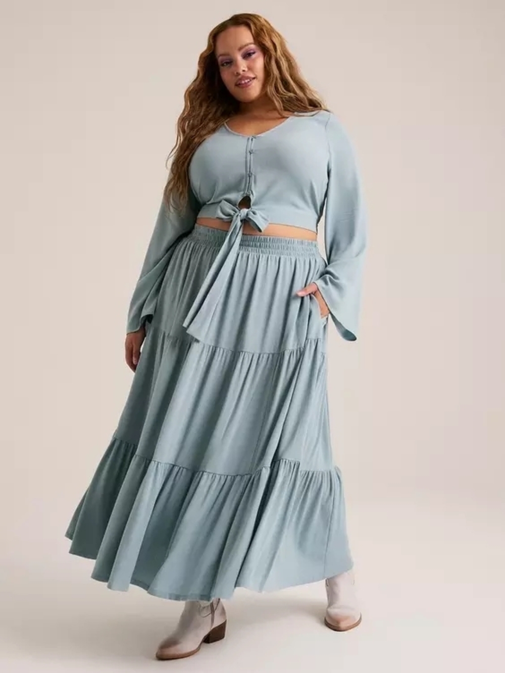 torrid Sage Blue Tiered Maxi Dress with Tie-Front Top